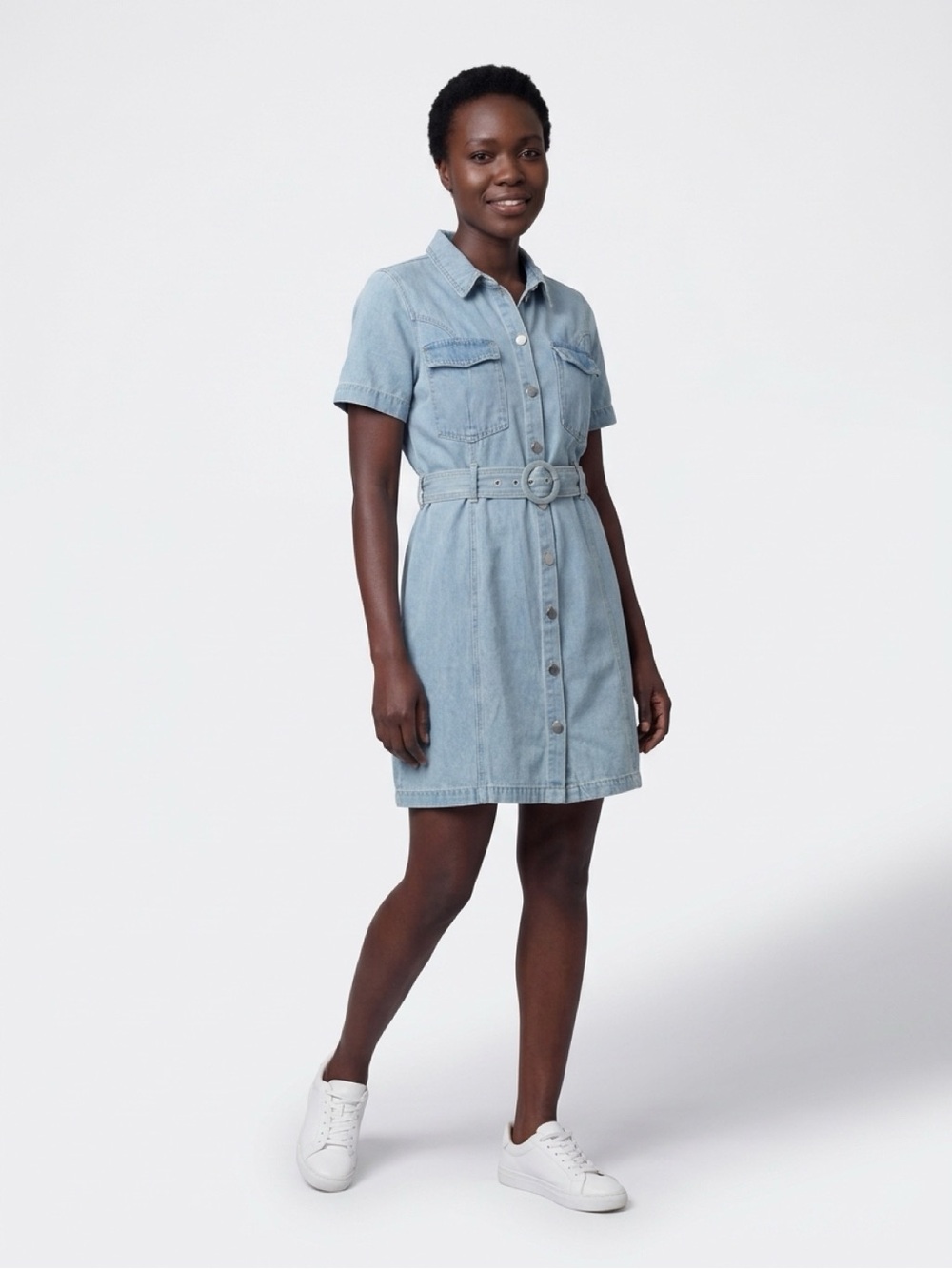 JustFab Light Blue Denim Shirt Dress with Belt